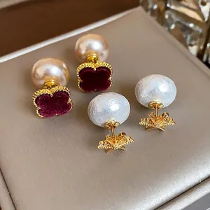 Elegant 18k gold plated vintage pearl earrings with velvet flower and star motifs