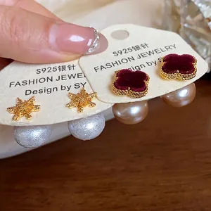 French vintage S925 silver needle pearl earrings with velvet clover and star design