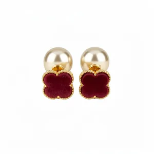 Elegant burgundy velvet clover earrings with gold beaded edges and champagne pearls.