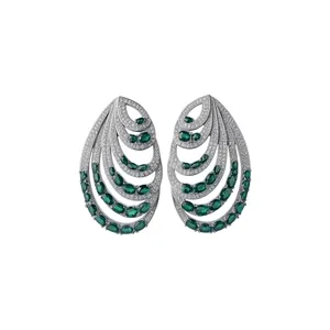 Elegant multi-layer spiral earrings with green oval zircons and micro-pave crystals