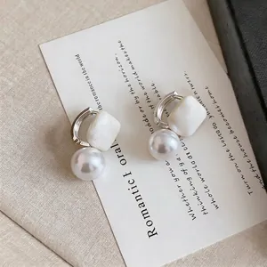 Elegant French style pearl dangle earrings with geometric square element and silver ear buckle