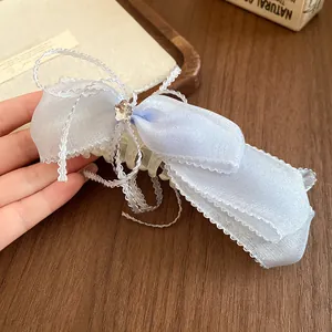 Close-up of light blue ribbon bow banana clip with lace edges and rhinestone