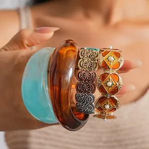 Retro Western Alloy Drip Oil Round Spliced Elastic Bracelet Resin Marble Pattern Bangle With Artificial Pearl Women Jewelry