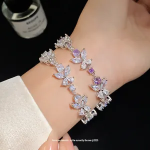 French Luxury Zirconia Flower Open Bracelet For Women Fashion Simple Copper Adjustable Floral Bangle Elegant Hand Jewelry Gift