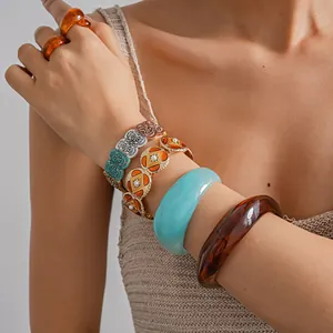Bohemian retro metal elastic bracelets with drip oil and colorful resin bangles set for women