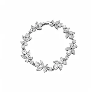 Elegant French style silver bracelet with sparkling zircon flower motifs on white background