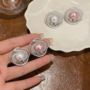 Elegant silver-tone flower stud earrings with white and pink pearls for women