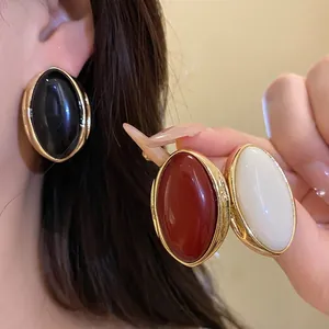 Pendientes de Botón de Resina Ovalados Vintage Francés Con Poste de Plata de Ley 925 Borde Dorado Joyería Estilo Corte