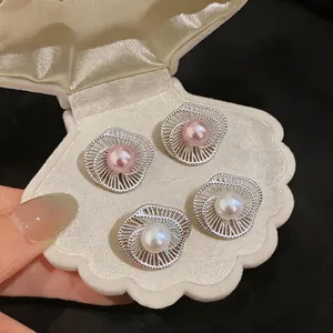 Elegant silver flower stud earrings with pink and white pearls in a velvet shell box