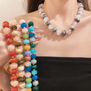 Handmade Geometric Beaded Necklace For Women Vintage Colorful Acrylic Beads Statement Necklace Gold Metal Accents Jewelry