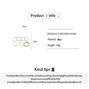 Detailed product info and size specifications for this 8-piece gold geometric ring set