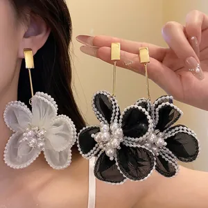 Vintage Sweet Chiffon Flower Drop Earrings with Artificial Pearls and Silver Earring Post Elegant Floral Jewelry for Women