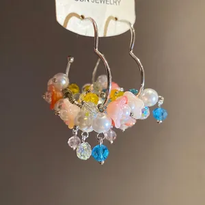 Elegant silver needle pearl earrings with colorful flower charms and crystal drops