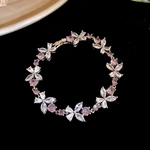 Macro view of elegant flower zircon bracelet featuring sparkling pink and clear crystals