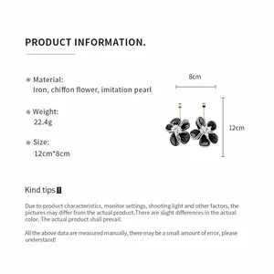 Product details showing size and material info for elegant chiffon flower pearl earrings