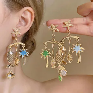 Vintage Alloy Ocean Theme Drip Oil Drop Earrings With 925 Sterling Silver Earring Post For Women Starfish Fish Coconut Tree Seashell Tropical Vacation Jewelry