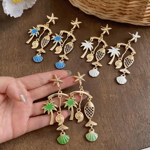 Tropical vacation style gold enamel sea element fish drop earrings for women jewelry