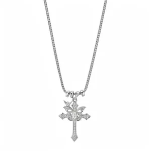 Detailed silver double cross necklace featuring a zircon star pendant on a classic curb chain.