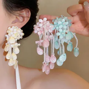 Bohemian Dopamine Resin Flower Tassel Earrings For Women Colorful Floral Bead Dangle Earrings With 925 Sterling Silver Earring Post Artificial Pearl Jewelry Gift