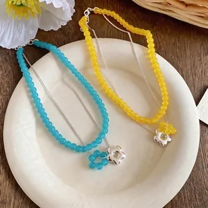 French style double-layered necklace with blue and yellow glass beads and flower charms
