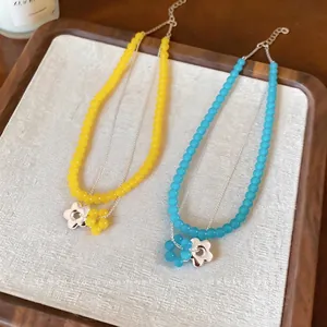 French style double-layer glass bead necklace with flower pendant in yellow and blue