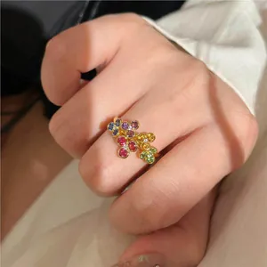 Dopamine Colorful Zirconia Flower Open Ring For Women Vintage Copper Gold Plated Multi Color Rhinestone Finger Ring HR3487