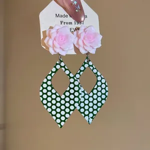 Retro style pink resin flower earrings with green white polka dot teardrop pendant