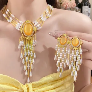 Vintage Palast-Stil Künstliche Perle Strass Wassertropfen Anhänger Choker Halskette Ohrringe Vergoldet Luxus Damen Accessoires Elegant