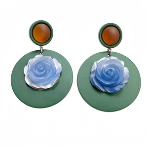 Vintage green resin round drop earrings with a blue rose floral design for women