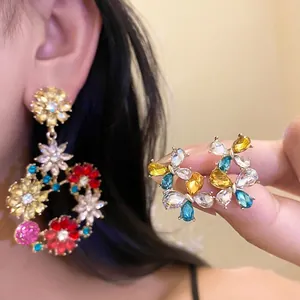 Vintage French Alloy Multicolor Rhinestone Flower Dangle Earrings With 925 Sterling Silver Earring Post For Women Luxury Jewelry