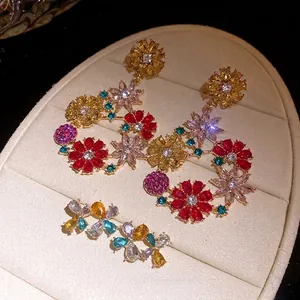 Vintage French style colorful zircon flower drop earrings and sparkling studs jewelry set