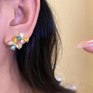 Vintage style colorful zircon flower stud earrings featuring S925 silver needles for women