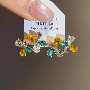 Elegant French retro floral stud earrings with multi-color zircon and silver needle