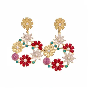 Elegant French vintage gold-tone dangle earrings featuring colorful floral zircon crystals