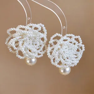 Elegant French style beaded flower pearl earrings with silver needle posts for women
