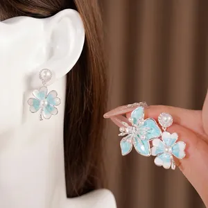 Elegant blue clover flower earrings with zircon pearls and silver needles for women