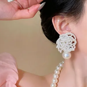 Elegant French style beaded flower pearl stud earrings with silver needle for women