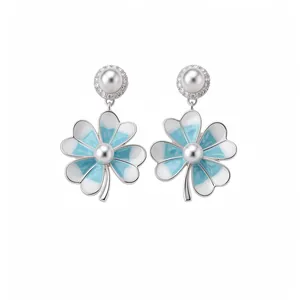 Elegant blue and white four-leaf clover pearl stud earrings with sparkling zircon accents