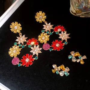 Detailed view of exquisite vintage French style colorful zirconia flower drop earrings