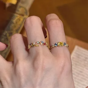 Vintage Dopamine Colorful Zirconia Open Ring Copper Gold Plated Adjustable Finger Ring For Women Lightweight Luxury Jewelry
