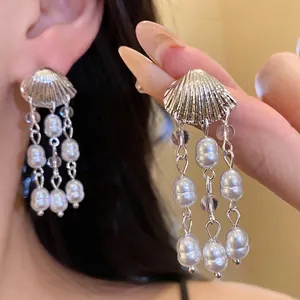Retro Shell Shape Artificial Pearl Tassel Drop Earrings Silver Color Steel Post Royal Luxury For Women Wedding Banquet Party Jewelry