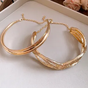 Minimalist elegant vintage gold plated metal pleated wrap choker necklace set for women