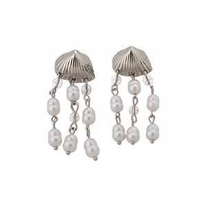 Elegant vintage shell stud earrings featuring triple dangling white pearl tassels