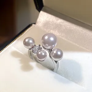French Vintage Alloy Artificial Pearl Rhinestone Open Ring Silver Pink Adjustable Geometric Finger Ring For Women Fashion Jewelry