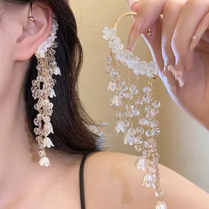 Französischer Vintage Künstliche Perle Blume Quaste Ohrbügel Gold Weiß Elegante Lange Ohrringe Für Damen Ohne Loch Schmuck