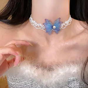 Elegant white lace choker necklace with a blue gradient chiffon butterfly and pearl
