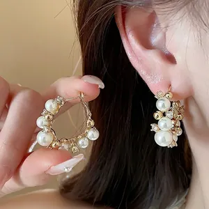 Boucles d'Oreilles Créoles en Perles Artificielles et Strass Tige en Argent Sterling 925 Plqué Or 14K Bijoux Femme Style Français