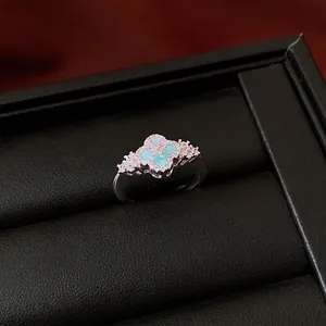 Vintage Copper Zirconia Flower Ring For Women Exquisite Light Luxury Silver Plated Floral Adjustable Open Ring Jewelry