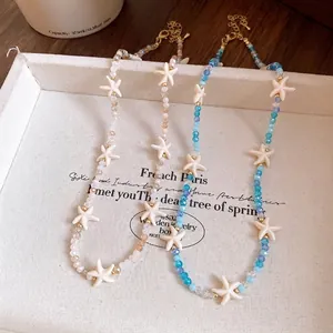 Bohemian Starfish Beaded Necklace Glass Stone Crystal Beads Ocean Beach Resort Style Clavicle Chain Jewelry For Women