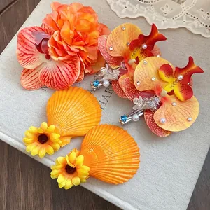 Resort Style Fabric Flower Hair Clip With Artificial Pearl Shell Rhinestone Elegant Sweet Side Duckbill Clip For Women Jewelry